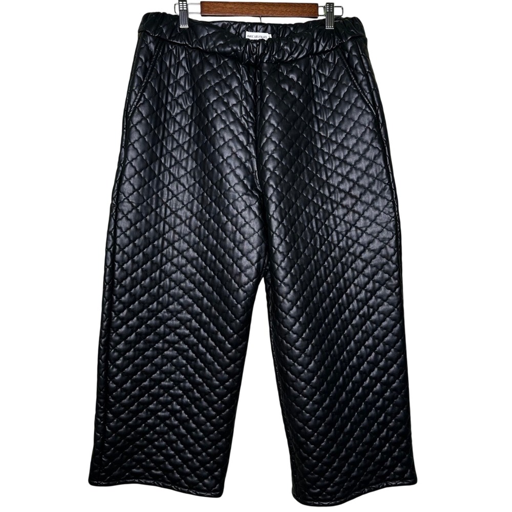 Avec Les Filles Black Quilted Faux Leather Wide Leg Pants XL Streetwear Paris